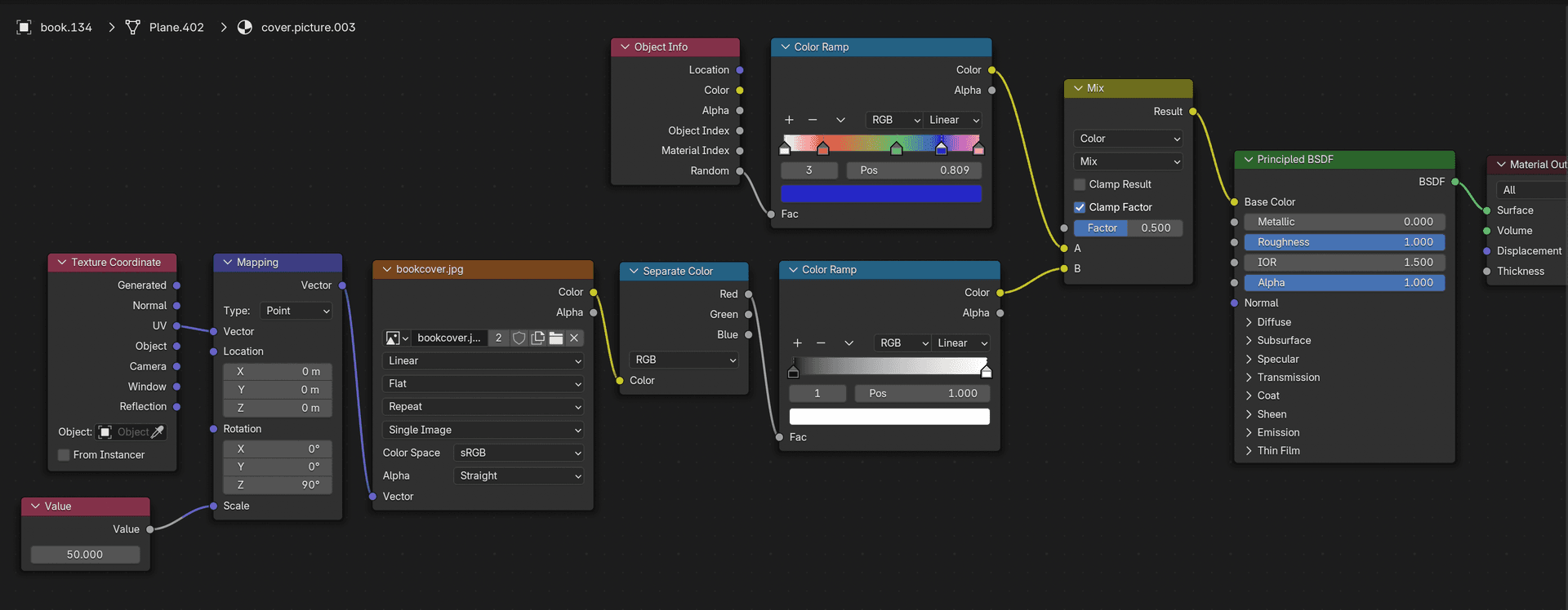 Material node setup for books with a random colours