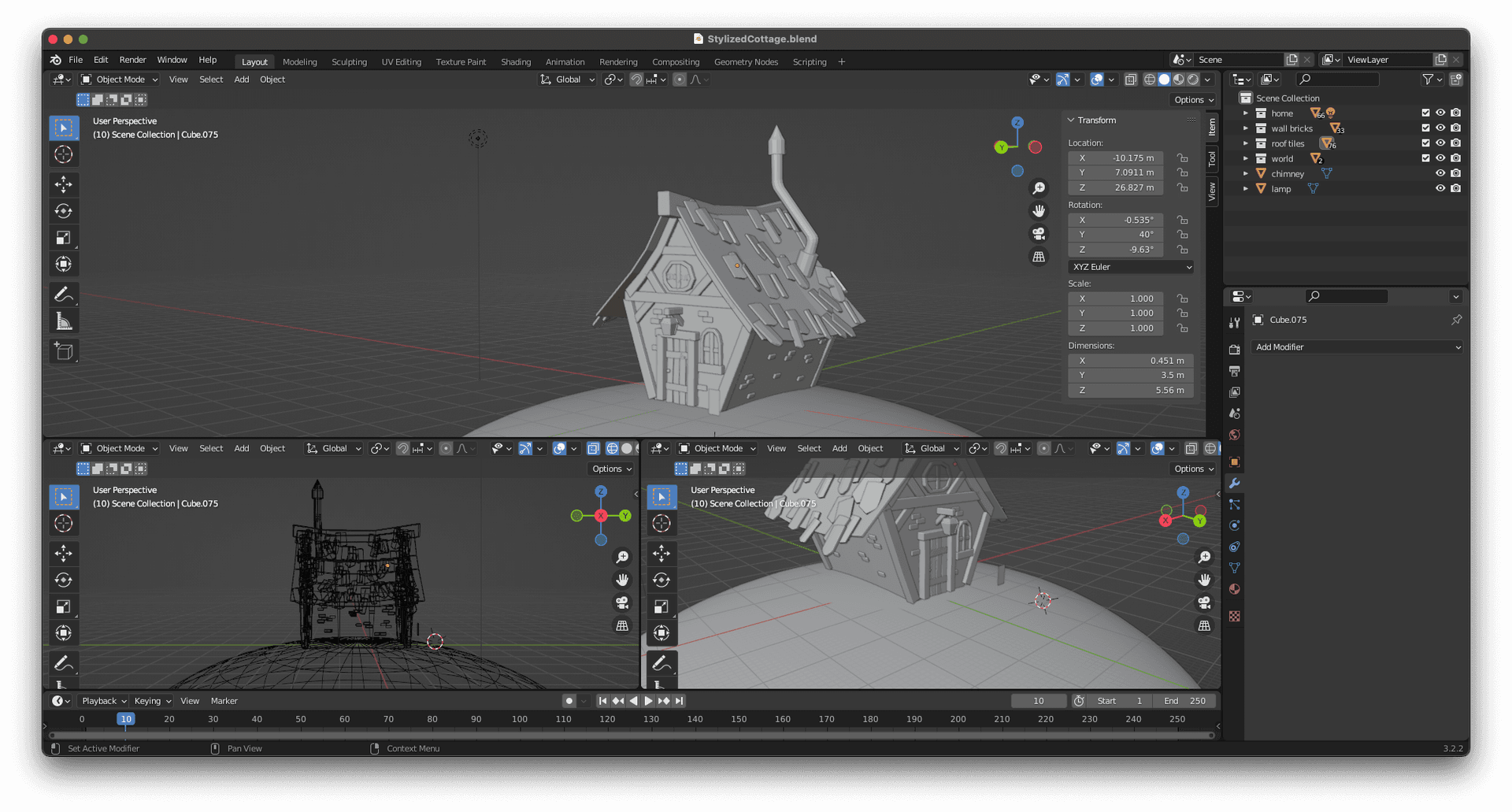 Blender workspace showing cottage placed on a sphere world