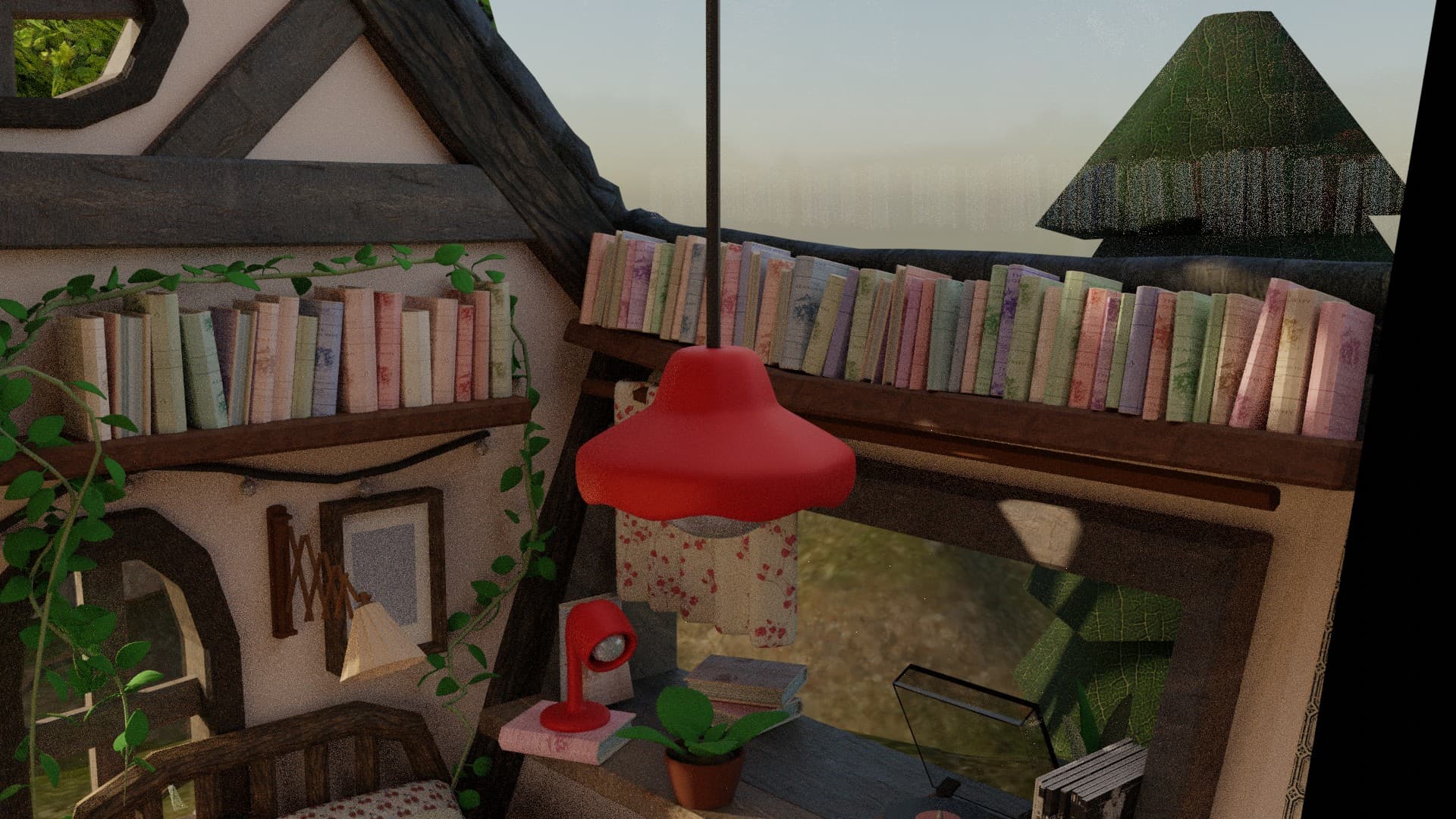 A collection of books sits on top of a wall shelves