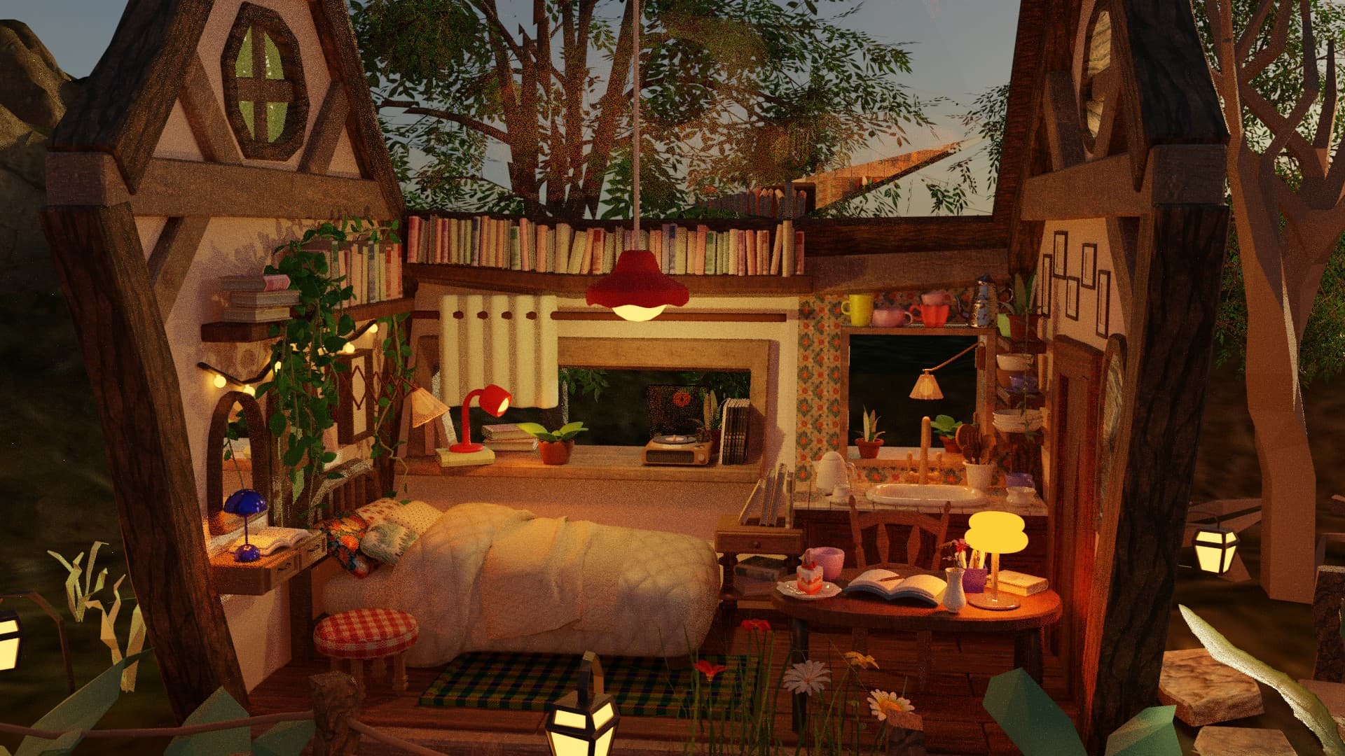 An open side view of the cottage interior