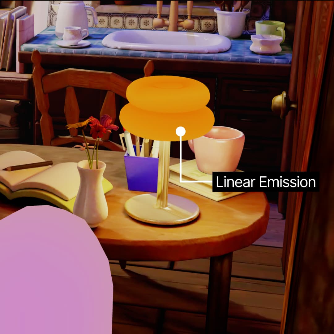 The desk lamp uses linear emission shader