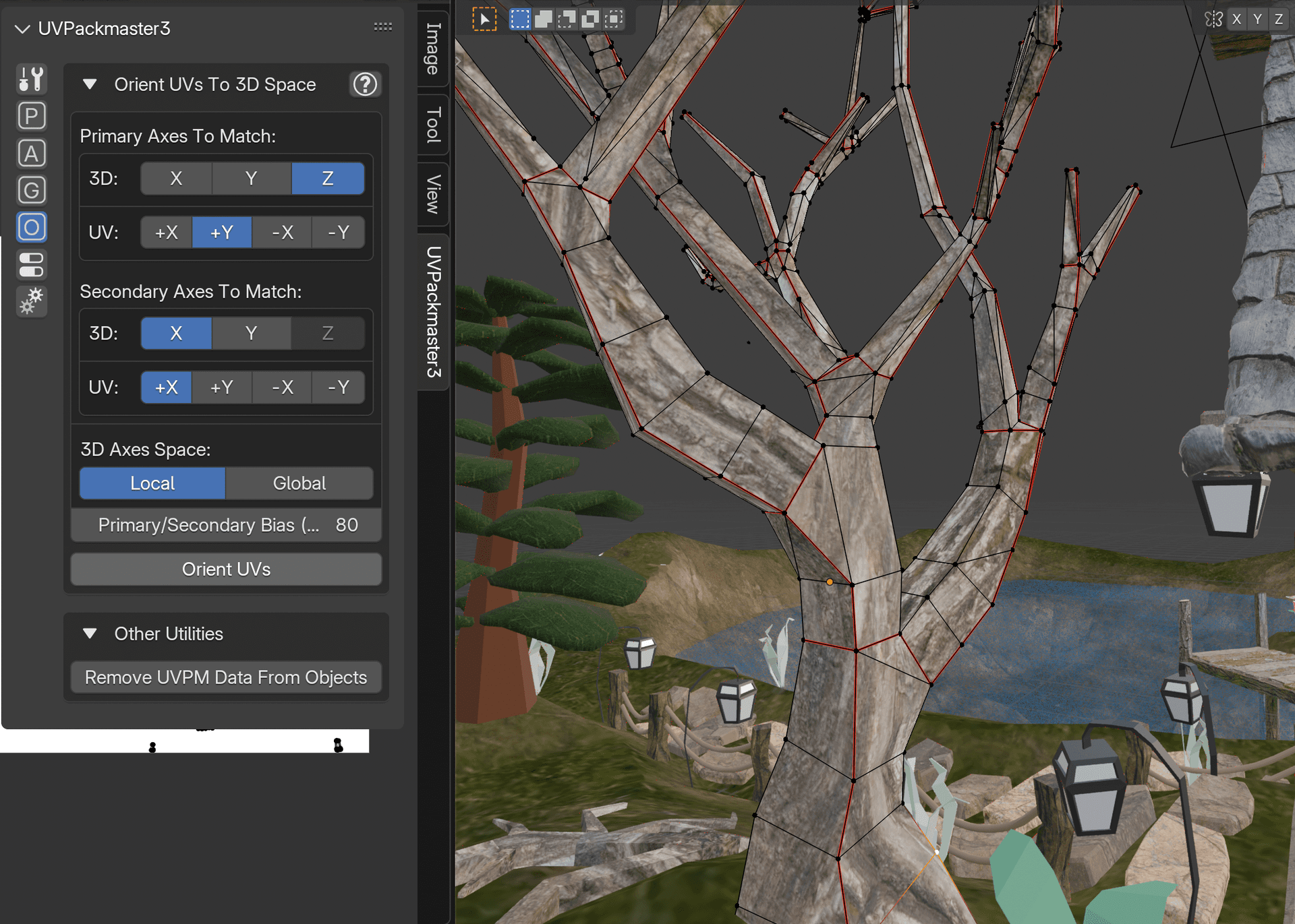 A skeleton tree with wood textures oriented in 3D space